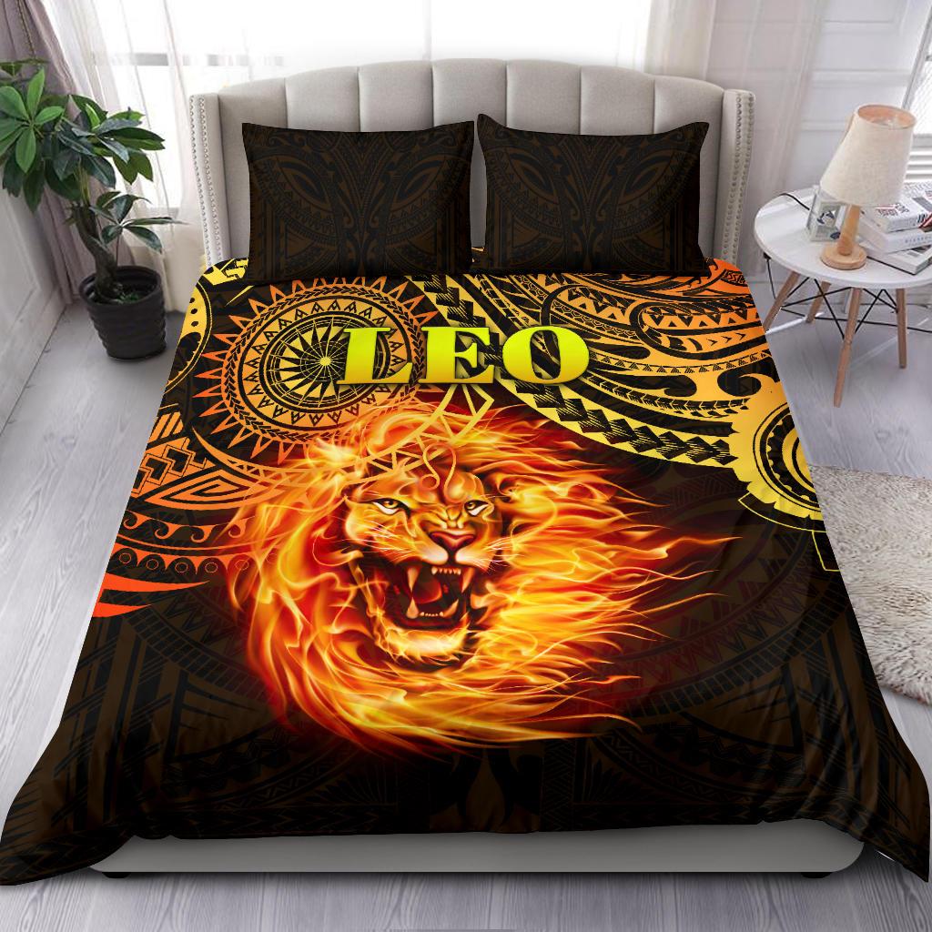 Sun In Leo Zodiac Bedding Set Polynesian Tattoo Unique Vibes - Vibe Hoodie Shop