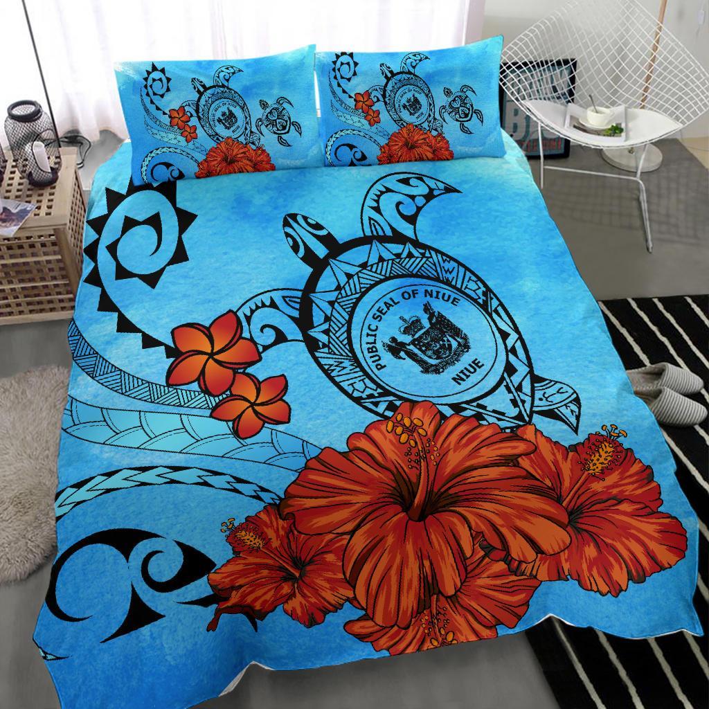 Niue Coat Of Arms Poly Sea Background Bedding Set - Vibe Hoodie Shop