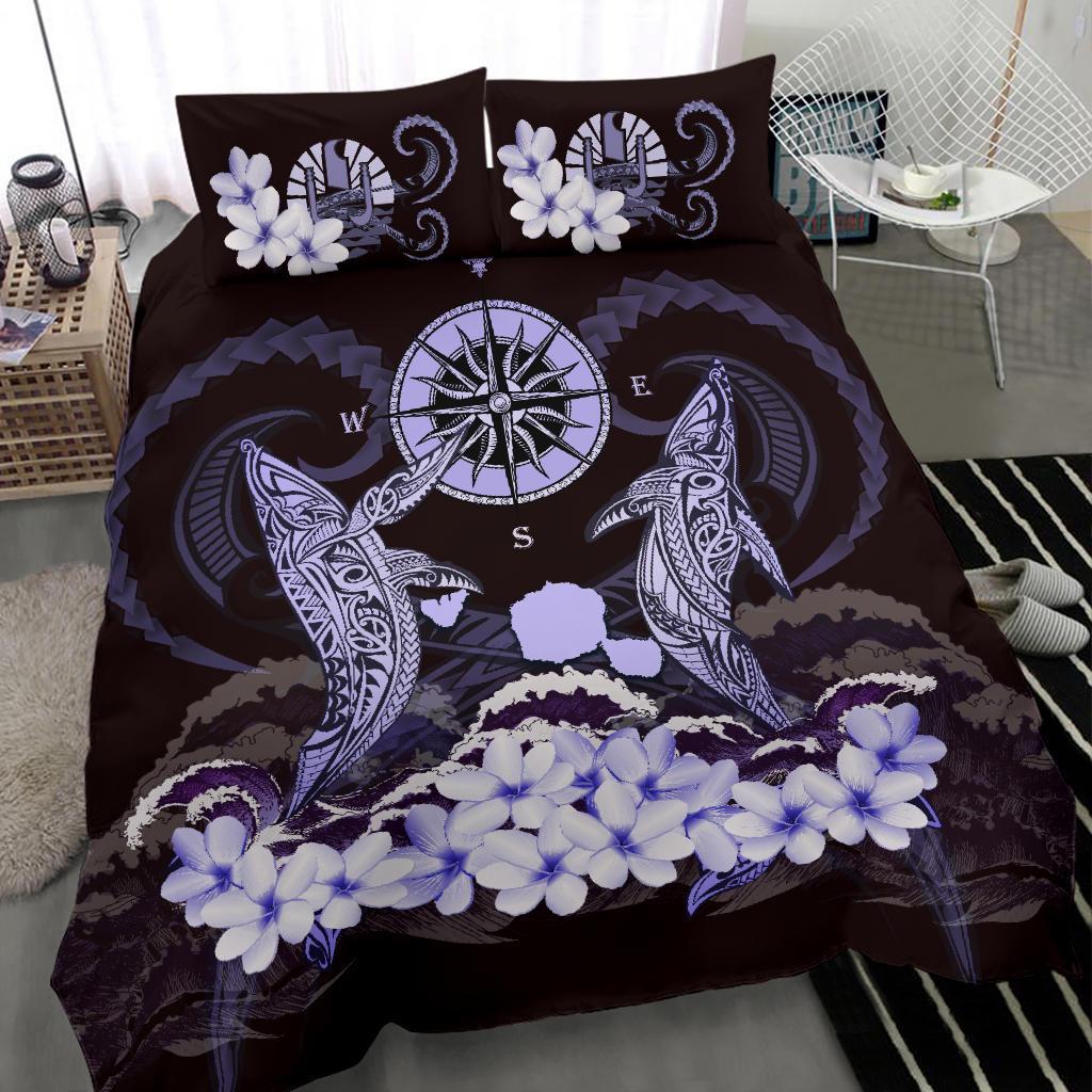 Tahiti Bedding Set - Shark Polynesia Compass Plumeria Purple - Vibe Hoodie Shop