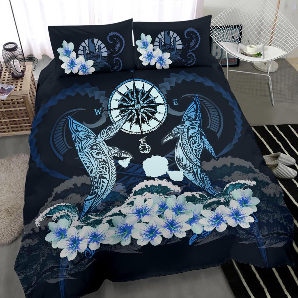 Tahiti Bedding Set - Shark Polynesia Compass Plumeria Blue - Vibe Hoodie Shop