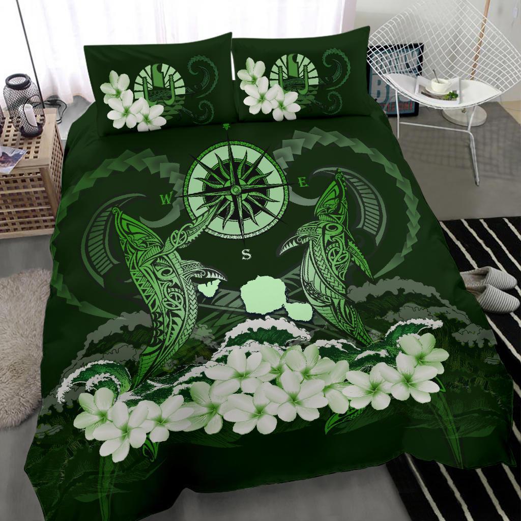 Tahiti Bedding Set - Shark Polynesia Compass Plumeria Green - Vibe Hoodie Shop