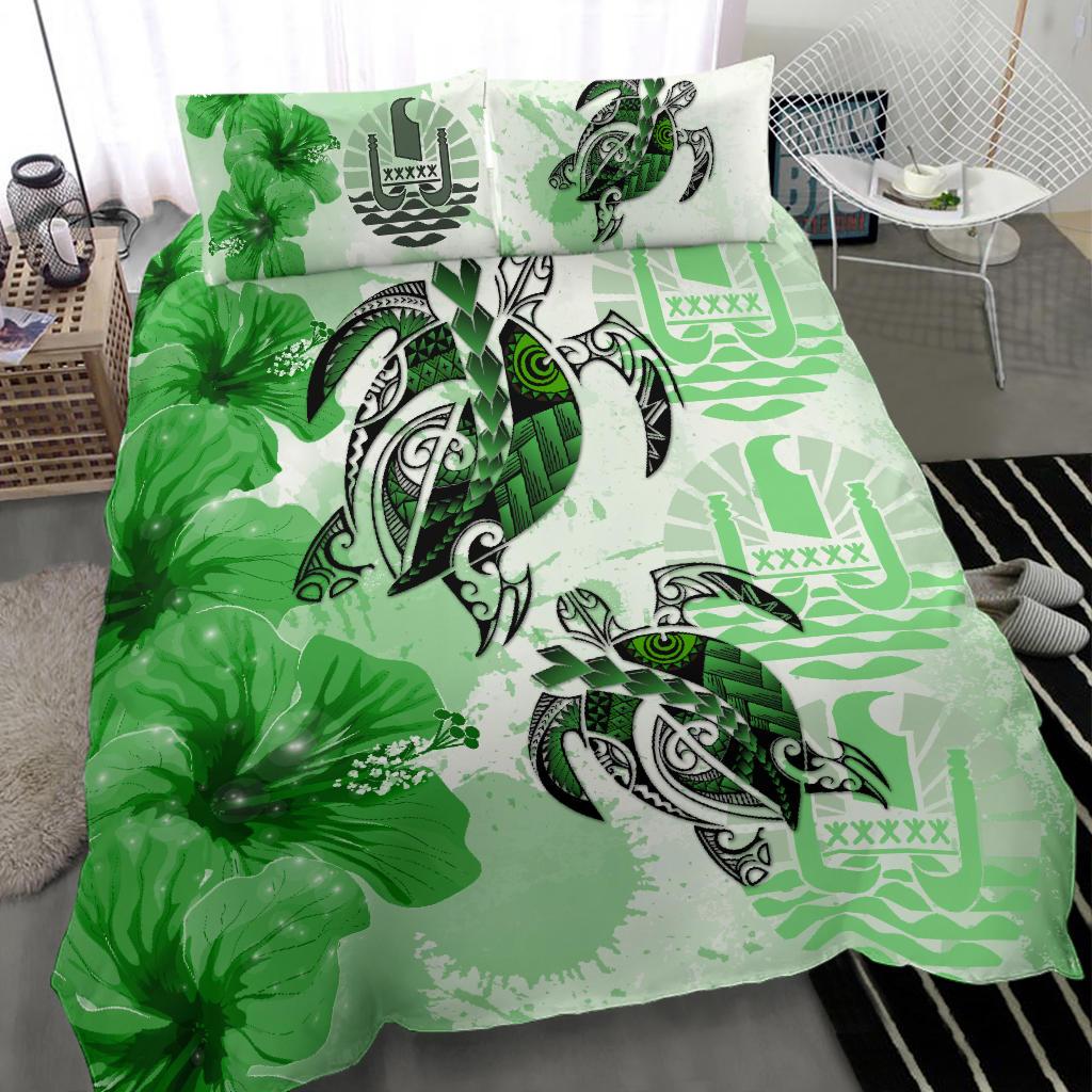 Tahiti Bedding Set - Polynesia Turtle Hibiscus Green - Vibe Hoodie Shop