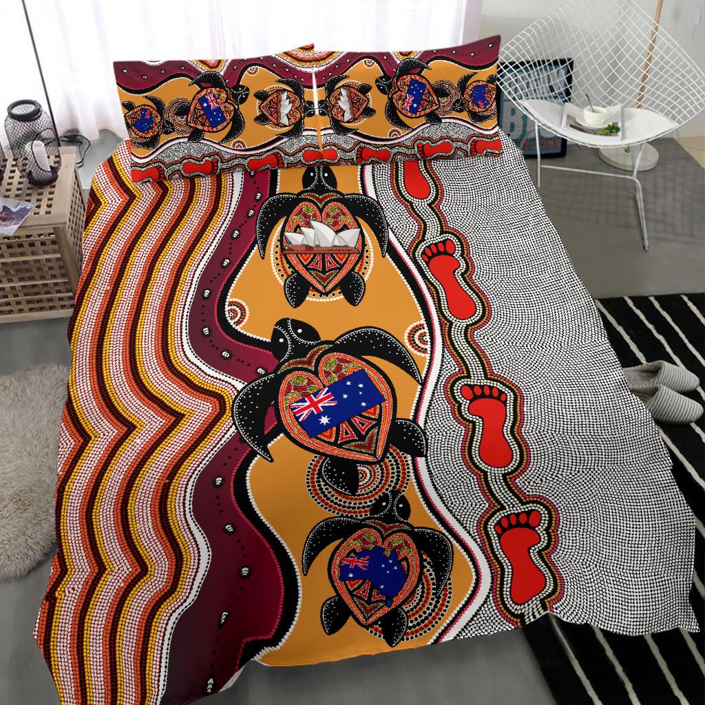 Aboriginal Bedding Set, Turtle Australia Flag Footprint Sydney Opera - Vibe Hoodie Shop