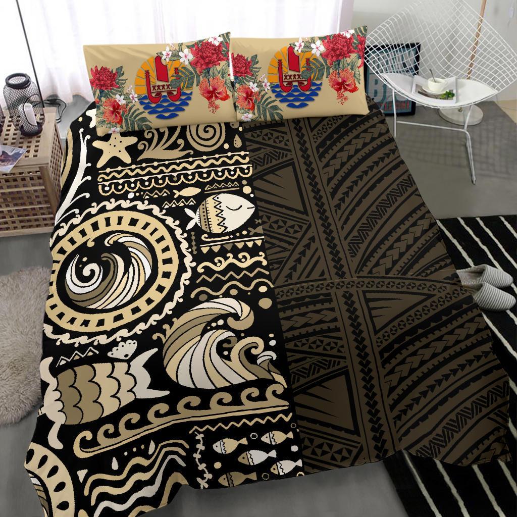 Tahiti Bedding Set - Gold Polynesian Hibiscus Tribal Style - Vibe Hoodie Shop