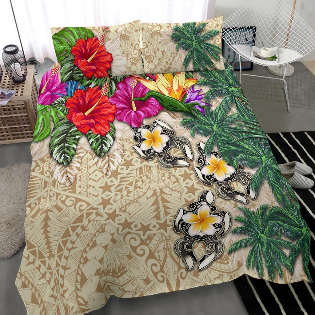 Cook Islands Bedding Set - Hibiscus Turtle Tattoo Beige - Vibe Hoodie Shop