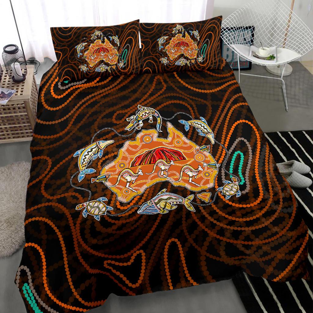 Aboriginal Bedding Set, Australia Map Kangaroo Crocodile Turtle Uluru - Vibe Hoodie Shop