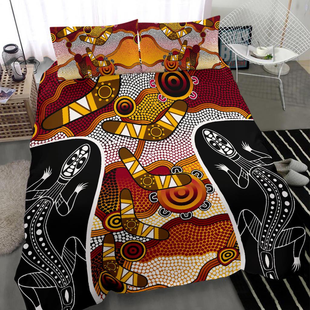 Aboriginal Bedding Set, Lizard Dot Painting Boomerang Patterns - Vibe Hoodie Shop