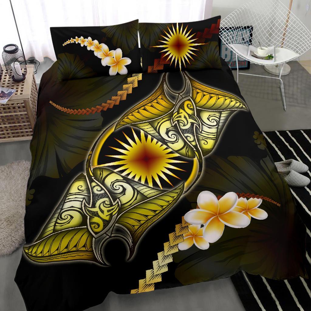 Marshall Islands Bedding Set Plumeria - Polynesian Manta Ray Yellow - Vibe Hoodie Shop