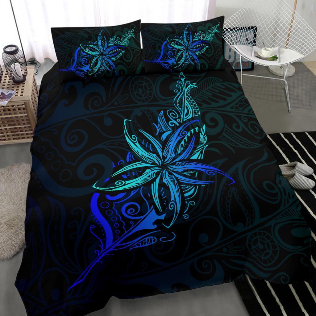 Light Silver Fern New Zealand Bedding Set, Frangipani Tattoo Duvet Covers - Blue - Vibe Hoodie Shop
