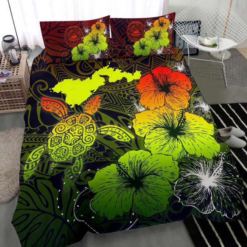 American Samoa Hibiscus Turtle Polynesian Bedding Set - Maps Style Reggae - Vibe Hoodie Shop