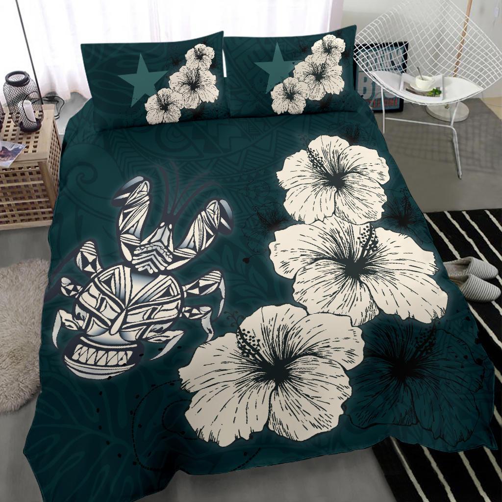 Niue Hibiscus Turtle Polynesian Bedding Set - Style Green - Vibe Hoodie Shop