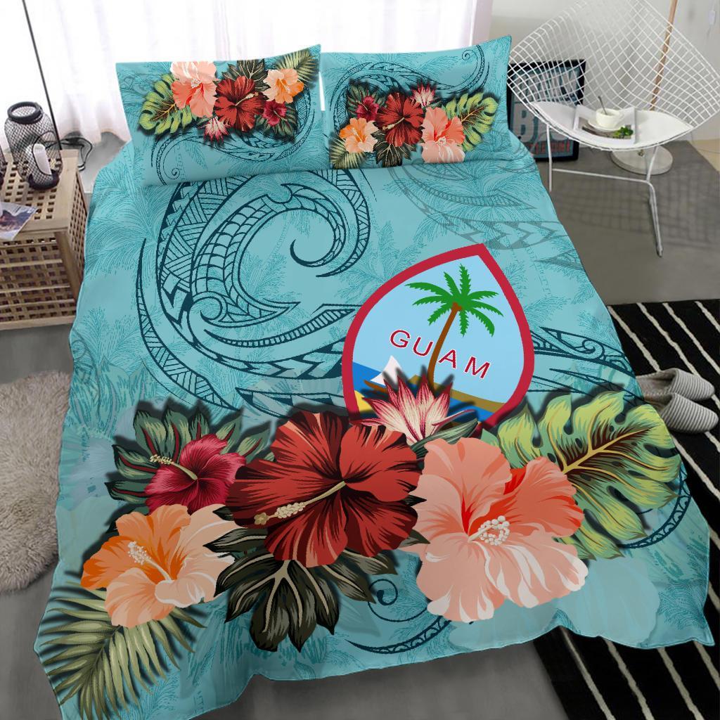 Guam Bedding Set Guam Hibiscus Polynesian Wave Coat Of Arms Duvet Cover Blue - Vibe Hoodie Shop