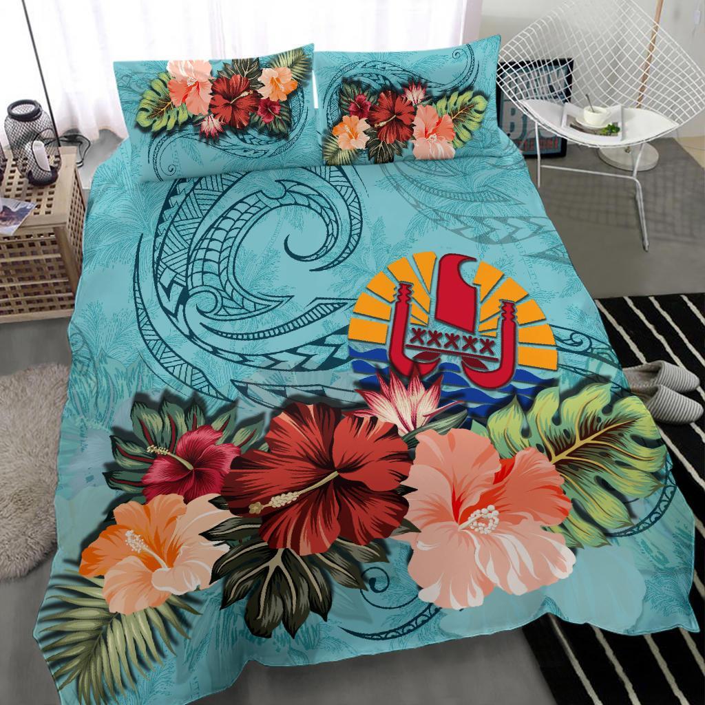 Tahiti Bedding Set Tahitian Hibiscus Polynesian Wave Coat Of Arms Duvet Cover Blue - Vibe Hoodie Shop