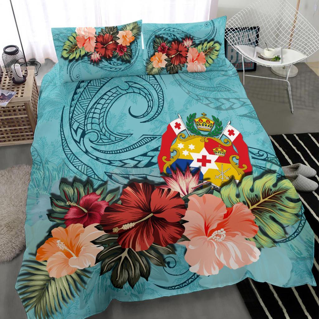 Tonga Bedding Set Tonga Hibiscus Polynesian Wave Coat Of Arms Duvet Cover Blue - Vibe Hoodie Shop