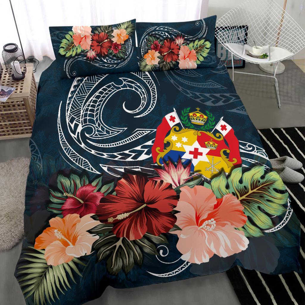 Tonga Bedding Set Tonga Hibiscus Polynesian Wave Coat Of Arms Duvet Cover - Vibe Hoodie Shop