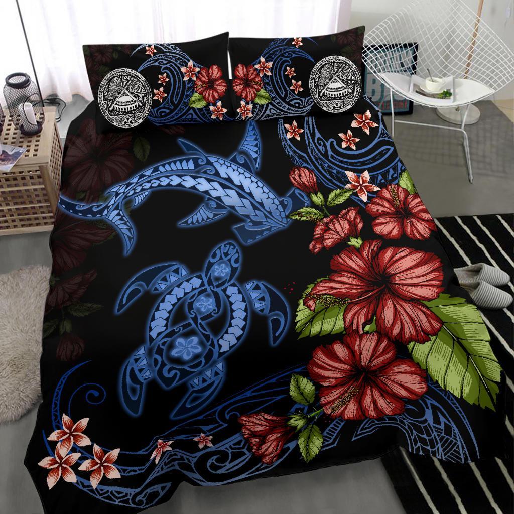 American Samoa Bedding Set Turtle And Shark Polynesian Hibiscus - Vibe Hoodie Shop