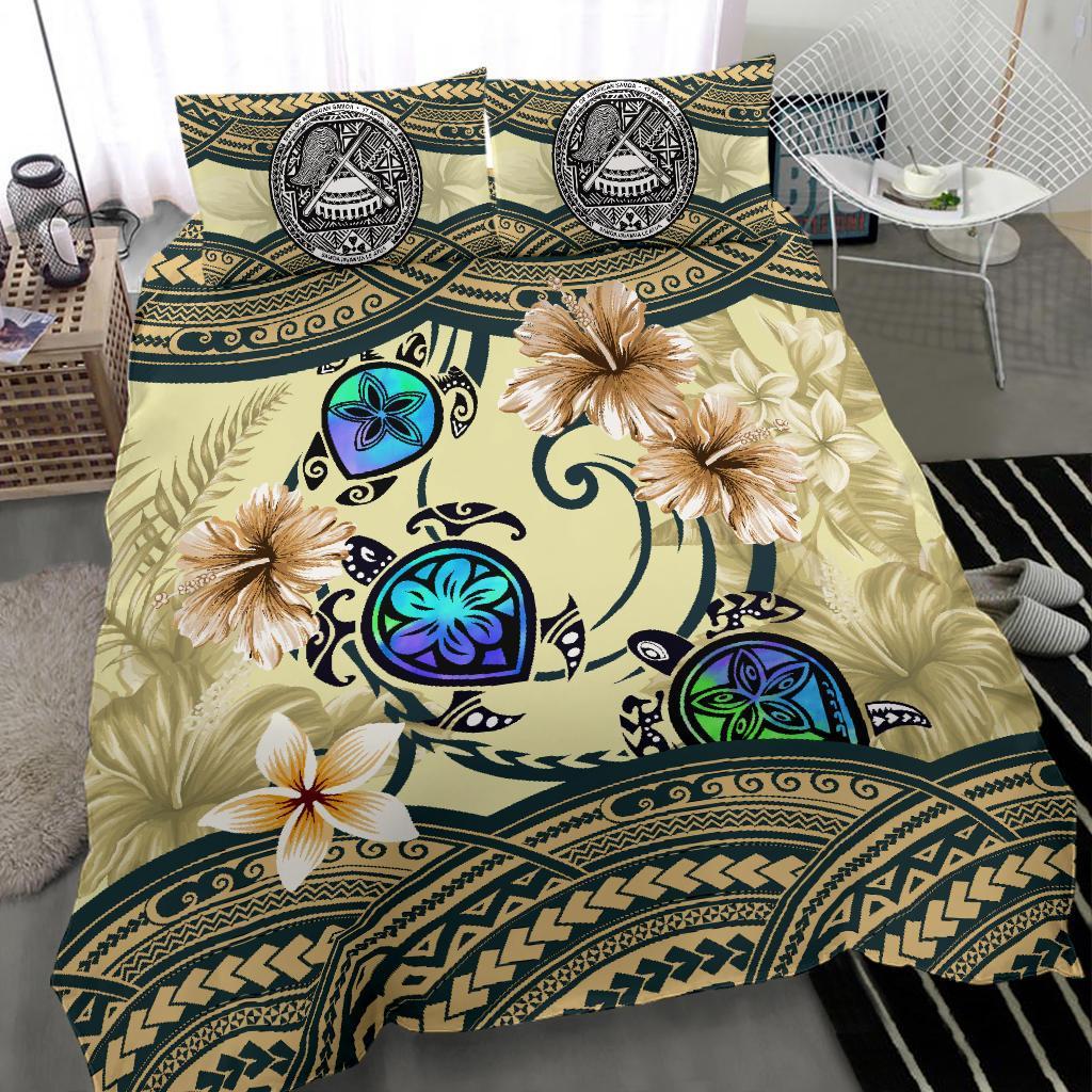 American Samoa Bedding Set - Polynesian Turtle Hibiscus Beige - Vibe Hoodie Shop