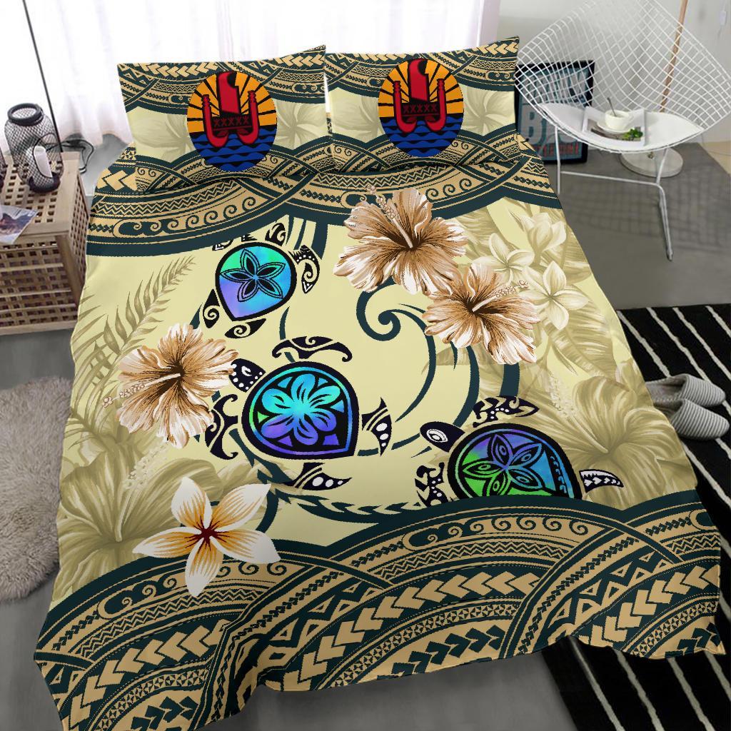 Tahiti Bedding Set - Polynesian Turtle Hibiscus Beige - Vibe Hoodie Shop