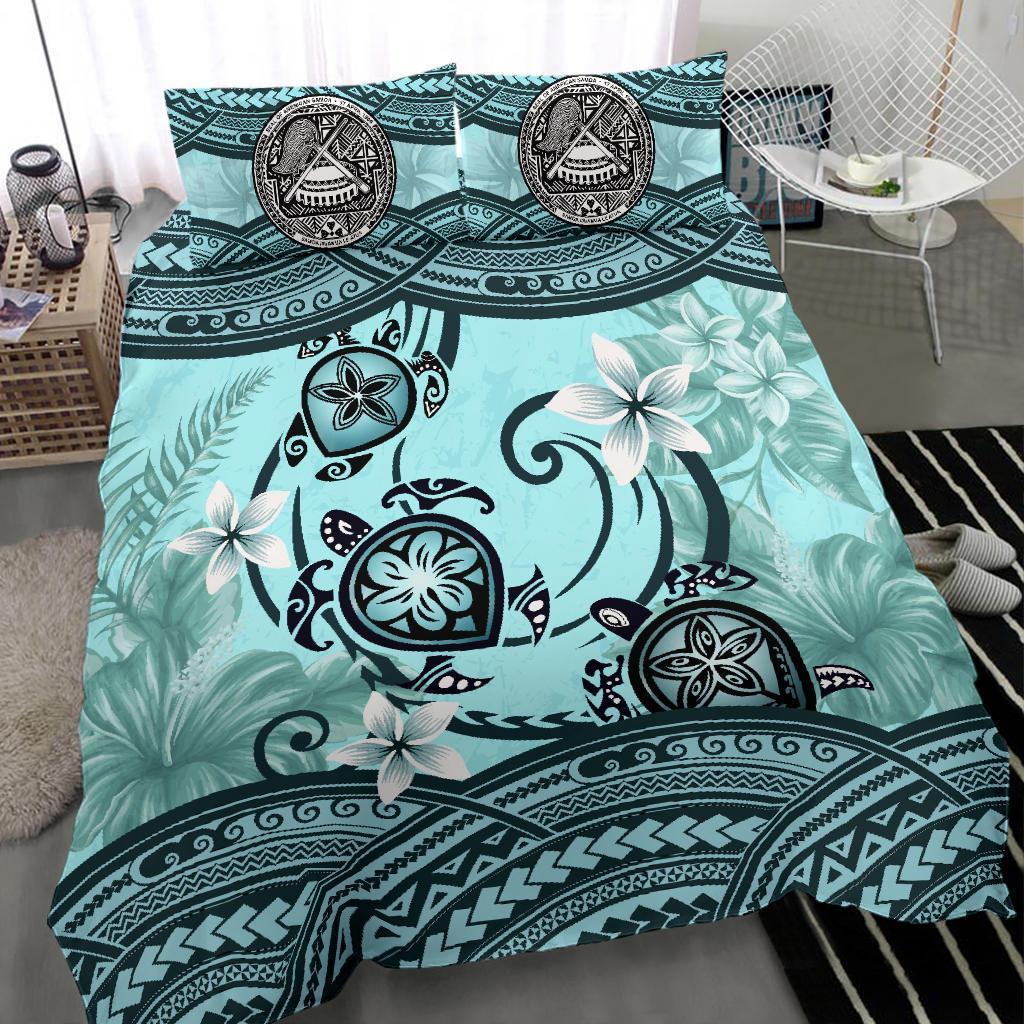 American Samoa Bedding Set - Polynesian Turtle Plumeria Blue - Vibe Hoodie Shop