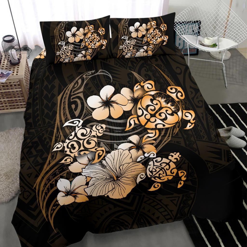 Golden Turtle Hibiscus Mix Plumeria Polynesian Bedding Set - Vibe Hoodie Shop