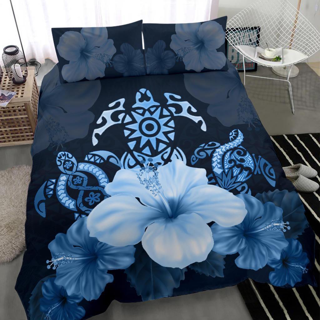 Turtle And Hibiscus Bedding Set - Blue Turtle Tribal - Vibe Hoodie Shop