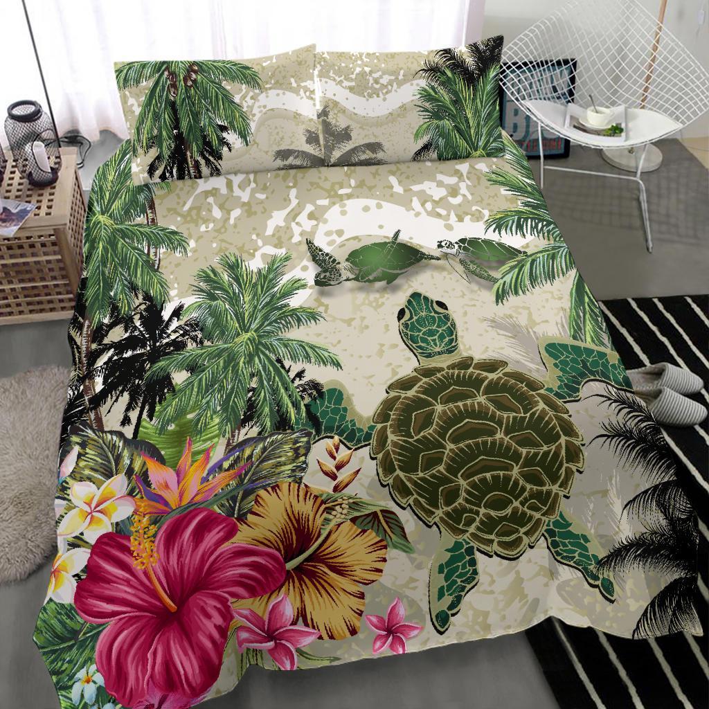 Turtle And Coconut Tree Bedding Set Hibiscus And Turtle On The Beach - Vibe Hoodie Shop