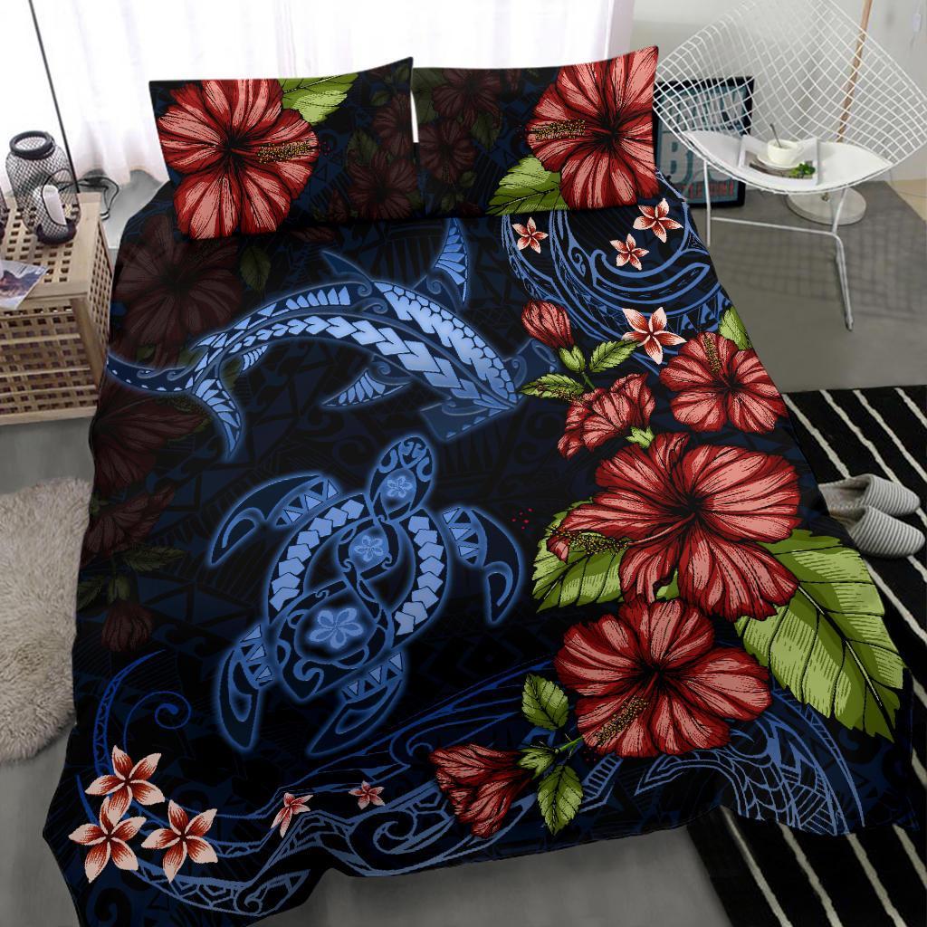 Turtle And Shark Bedding Set Hibiscus Polynesian - Vibe Hoodie Shop