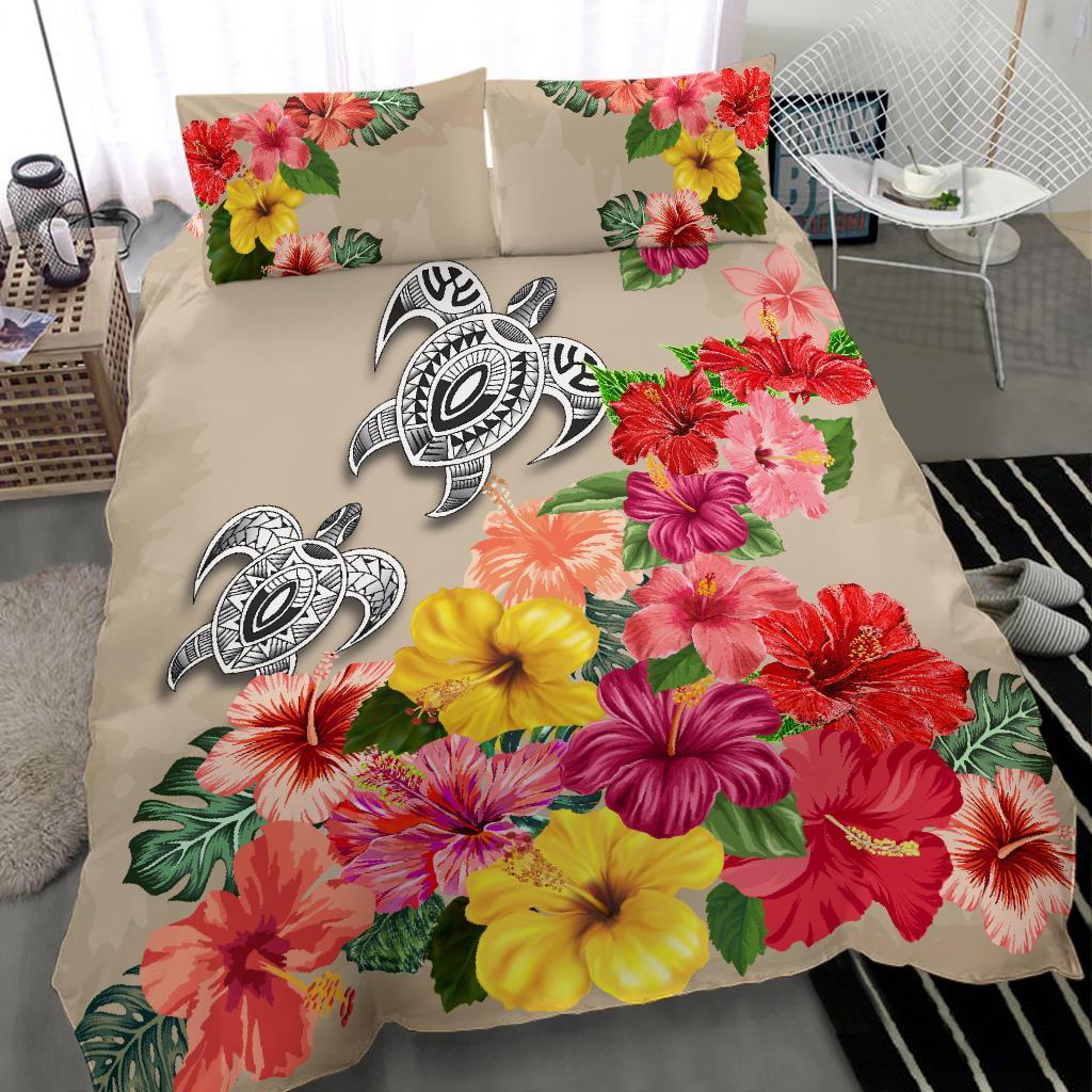 Turtle Polynesian Bedding Set Hibiscus Colorful - Vibe Hoodie Shop