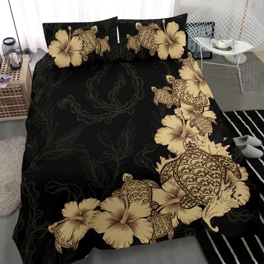 Hibiscus Plumeria Golden Turtle Bedding Set - Vibe Hoodie Shop