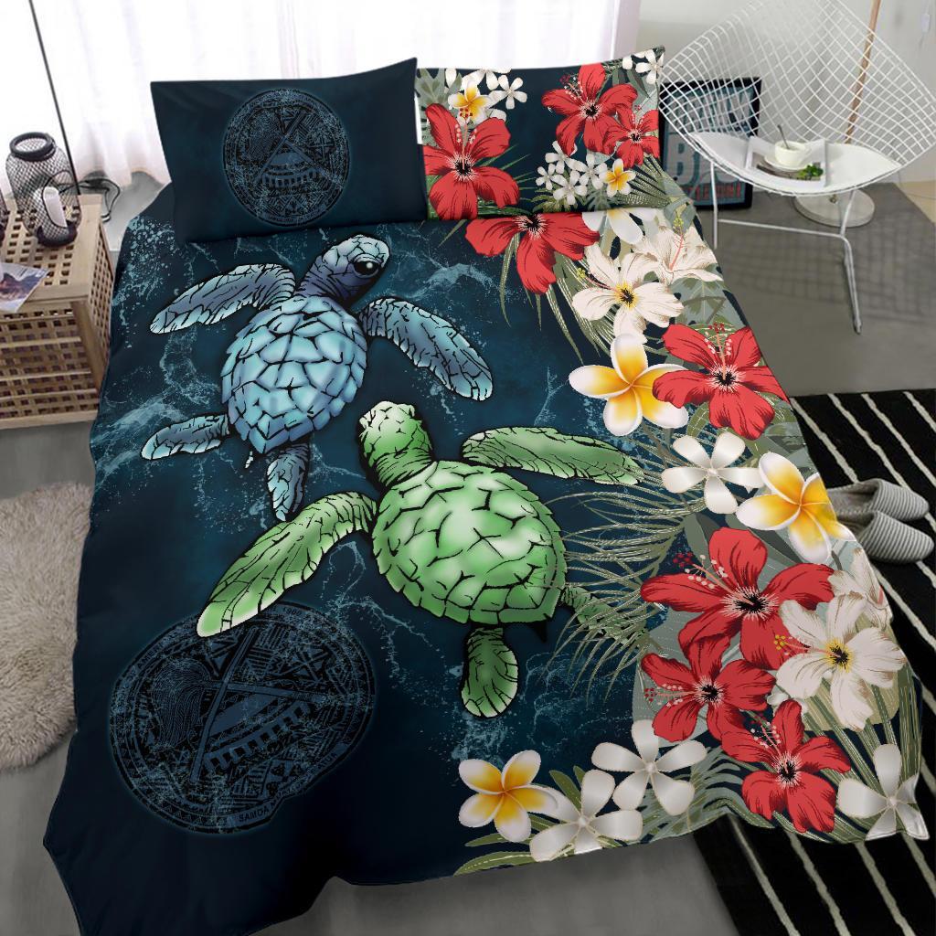 American Samoa Bedding Set - Sea Turtle Tropical Hibiscus And Plumeria - Vibe Hoodie Shop