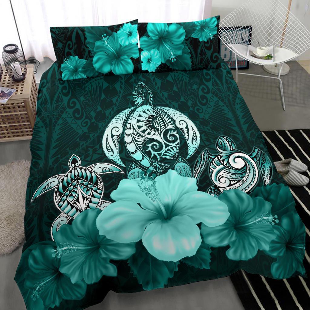 Three Turtle Polynesian Bedding Set Hibiscus Turquoise - Vibe Hoodie Shop