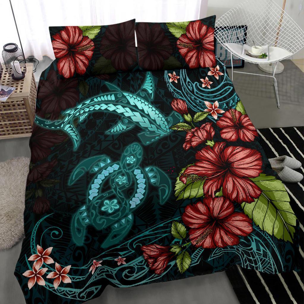 Shark And Turtle Bedding Set Hibiscus Turquoise - Vibe Hoodie Shop