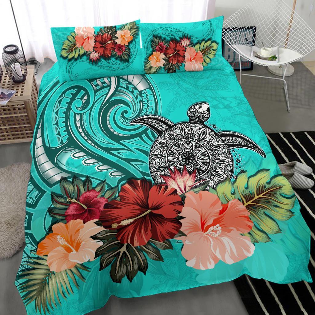 Turtle Polynesian Bedding Set Hibiscus Polynesian Turquoise - Vibe Hoodie Shop