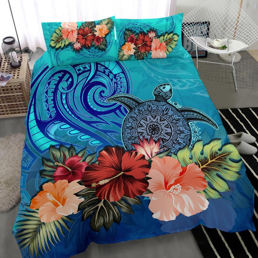 Turtle And Hibiscus Bedding Set Polynesian Blue - Vibe Hoodie Shop