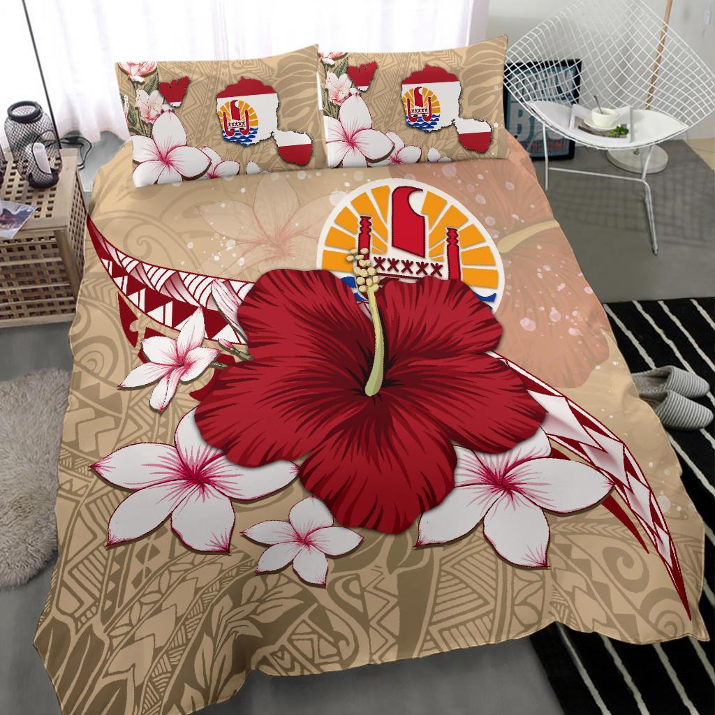 Tahiti Bedding Set - Beige Poly Hibiscus And Maps - Vibe Hoodie Shop