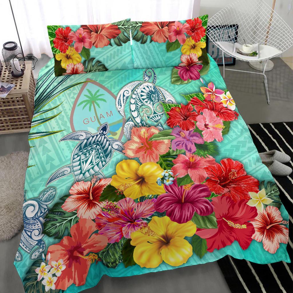 Guam Bedding Set Turtle And Hibiscus Turquoise - Vibe Hoodie Shop