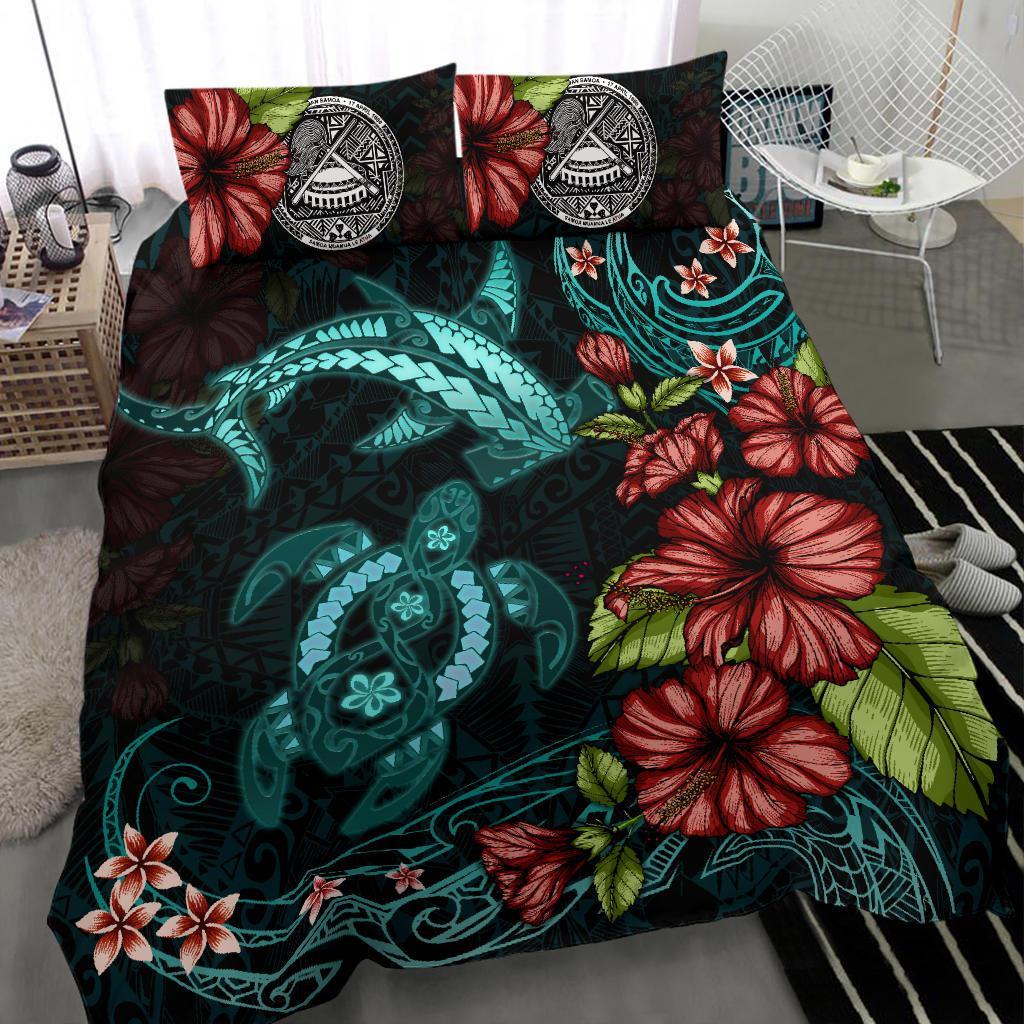 American Samoa Bedding Set Shark and Turtle Turquoise Hibiscus - Vibe Hoodie Shop