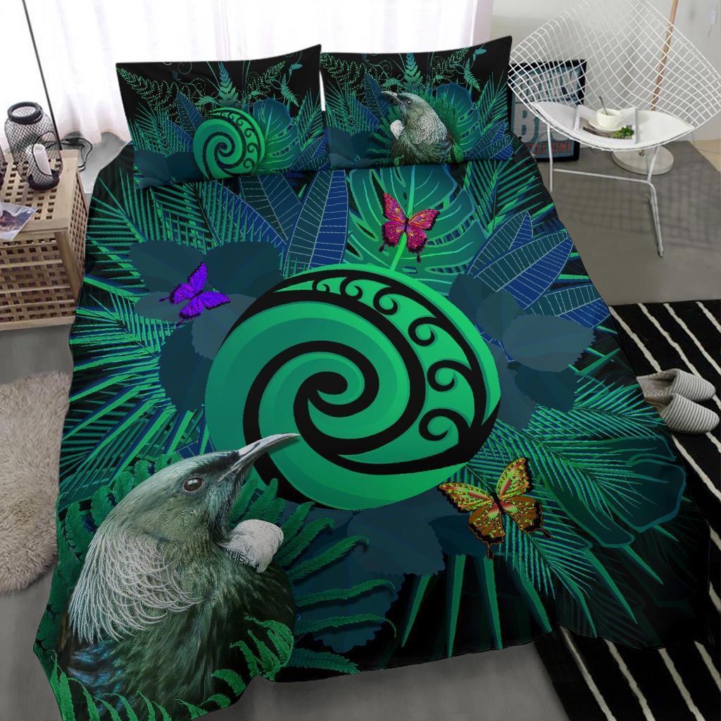 New Zealand Bedding Set Koru Fern Mix Tui Bird - Tropical Floral Turquoise - Vibe Hoodie Shop