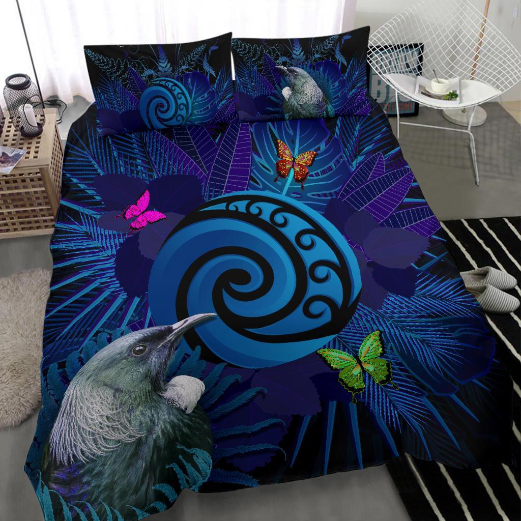 New Zealand Bedding Set Koru Fern Mix Tui Bird - Tropical Floral Blue - Vibe Hoodie Shop