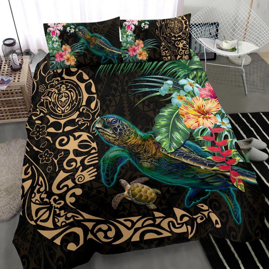 Tiki Polynesian Bedding Set Turtle Hibiscus - Gold - Vibe Hoodie Shop