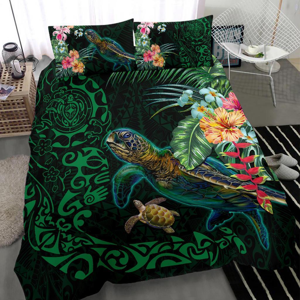 Tiki Polynesian Bedding Set Turtle Hibiscus - Green - Vibe Hoodie Shop