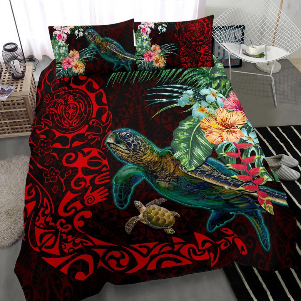 Tiki Polynesian Bedding Set Turtle Hibiscus - Red - Vibe Hoodie Shop