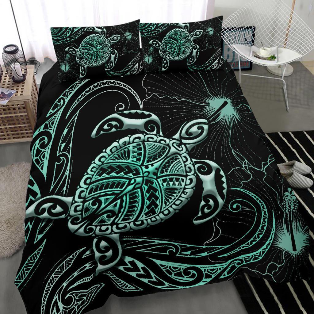 Polynesian Bedding Set Turtle Mix Hibiscus - Turquoise - Vibe Hoodie Shop