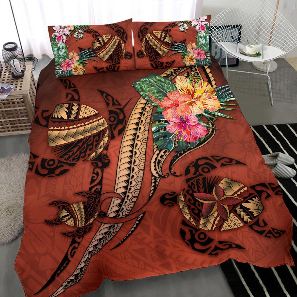 Polynesian Turtle Bedding Set - Tribal Tattoo With Hibiscus Coral - Vibe Hoodie Shop