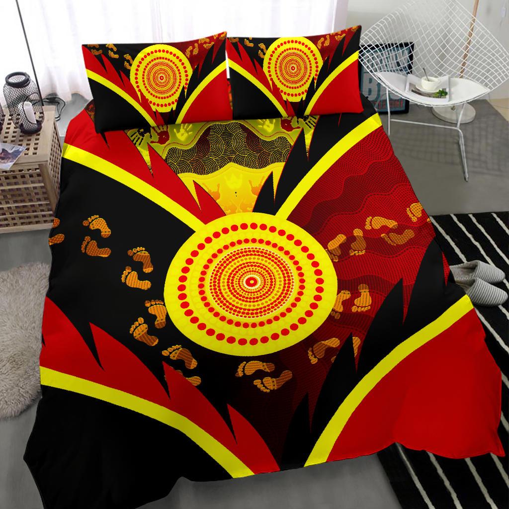 Aboriginal Bedding Set - Indigenous Flag With Footprint Hand Art - Vibe Hoodie Shop