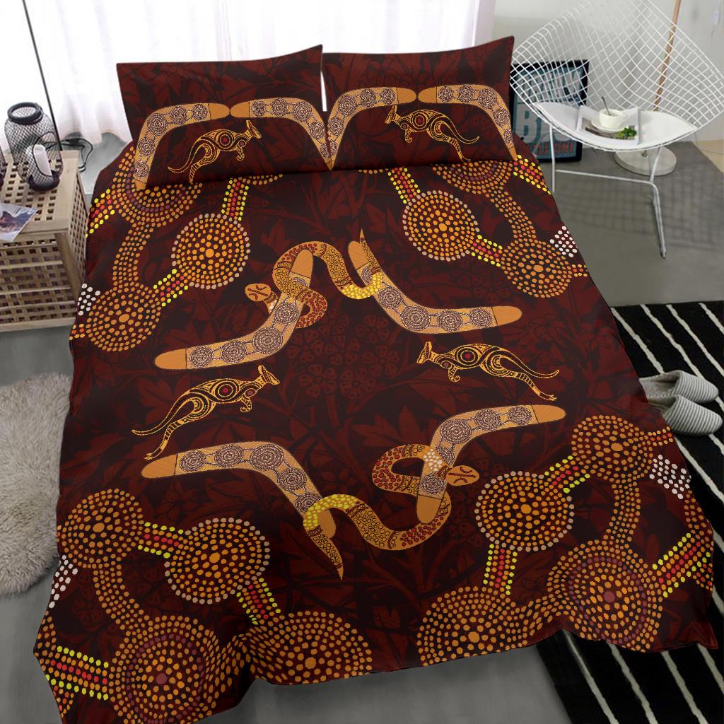 Aboriginal Bedding Set, Kangaroo, Snake And Boomerang Painting Art - Vibe Hoodie Shop