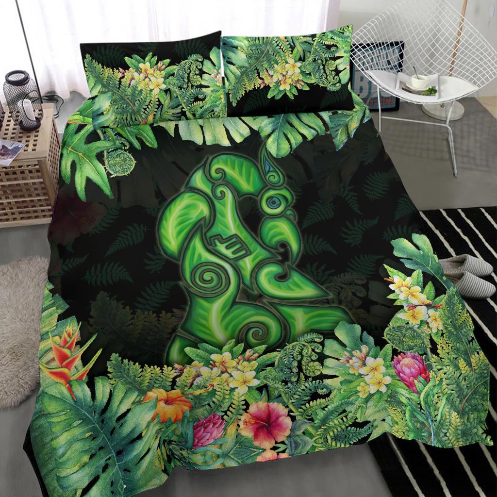 Maori Manaia Bedding Set Tropical Koru Fern With Plumeria Hibiscus - Vibe Hoodie Shop