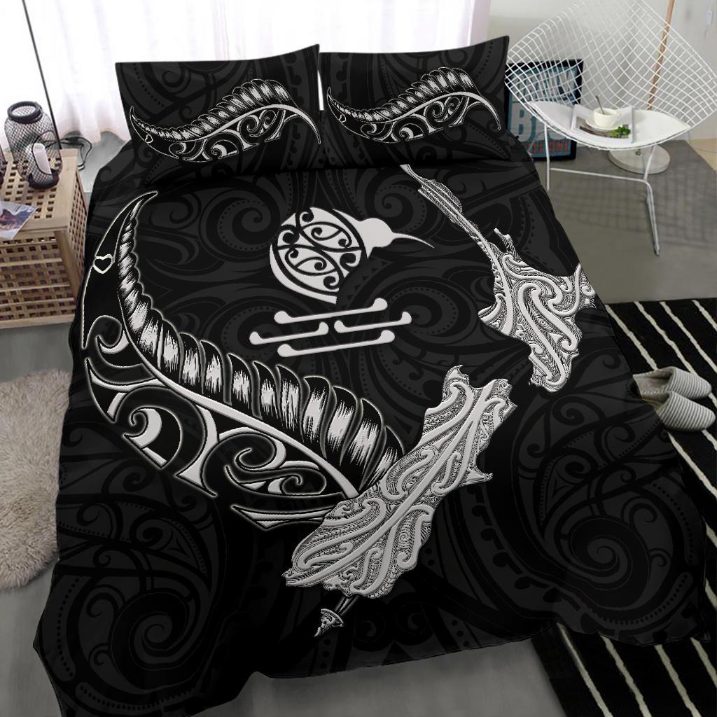 New Zealand Heart Bedding Set - Map Kiwi Mix Silver Fern White - Vibe Hoodie Shop