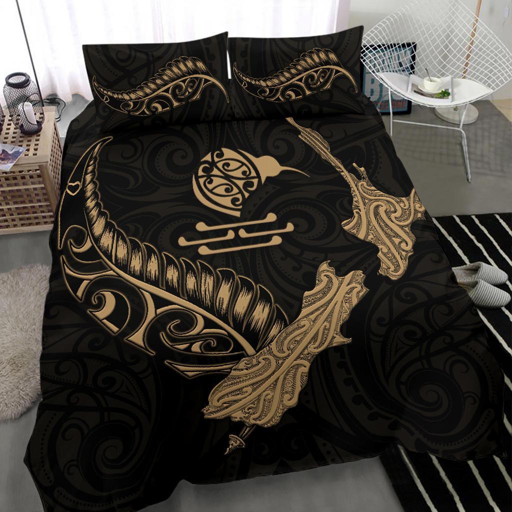 New Zealand Heart Bedding Set - Map Kiwi Mix Silver Fern Gold - Vibe Hoodie Shop