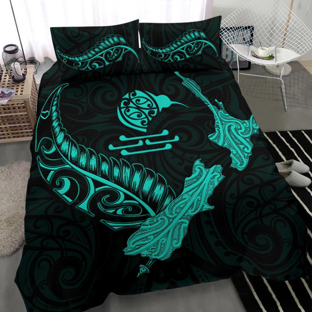 New Zealand Heart Bedding Set - Map Kiwi Mix Silver Fern Turquoise - Vibe Hoodie Shop